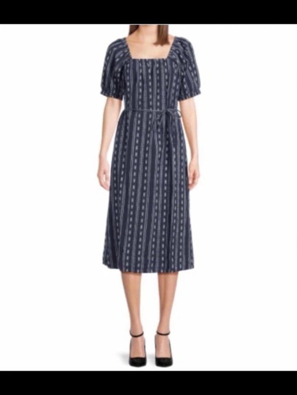 Time And Tru XL Navy White Patterned Puff Sleeve Midi A-Line Dress